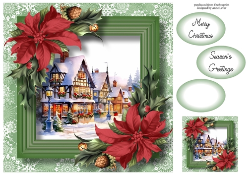 Festive Christmas Village & Red Poinsettias 8x8