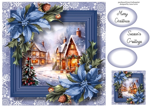 Festive Christmas Village & Blue Poinsettias 8x8