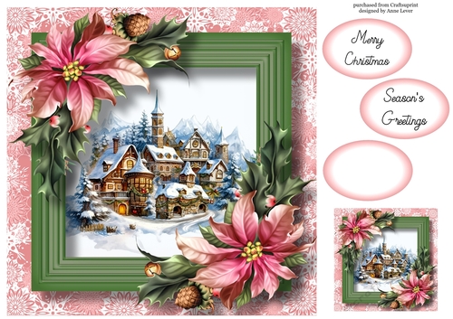 Festive Christmas Village & Pink Poinsettias 8x8