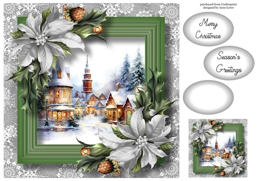 Festive Christmas Village & Silver Poinsettias 8x8
