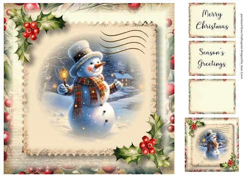 Vintage Christmas Stamp - Snowman 8x8