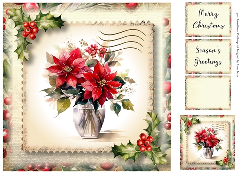 Vintage Christmas Stamp - Poinsettias 8x8