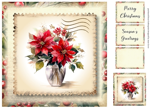 Vintage Christmas Stamp - Poinsettias 8x8 No Holly (request)