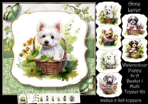 Watercolour Puppy In A Basket 1 Multi Topper Kit