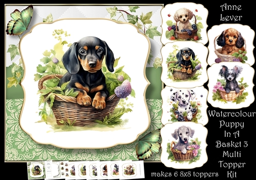 Watercolour Puppy In A Basket 3 Multi Topper Kit