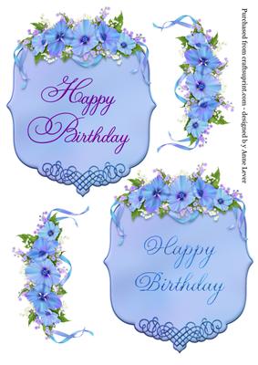 2 Blue Floral Birthday Plaques - Toppers