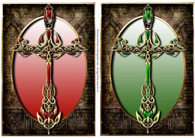 2 Ornate Gothic Cross Toppers - Red Gold & Green
