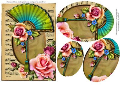 Vintage Sheet Music, Fan & Roses Oval Pyramid