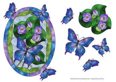Gorgeous Stained Glass Butterflies & Flowers Blue