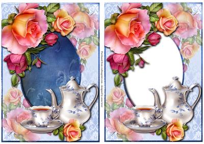 Blue & White Teapot & Roses + Extra Decoupage Frame