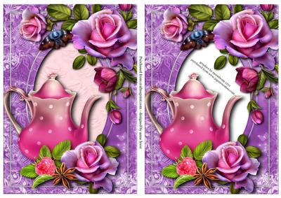 Deep Pink Teapot & Roses + Extra Decoupage Frame