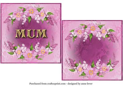 2 Pink Floral Square Toppers - Mum & Blank