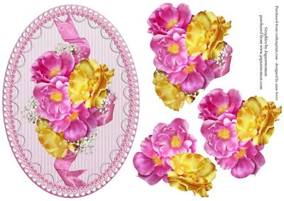 Gorgeous Pink & Yellow Roses on Pearl & Lace.