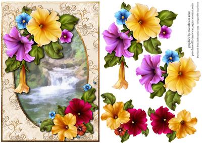 Beautiful Petunias at the Waterfall + Decoupage