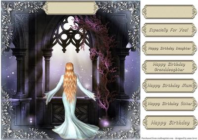 Blue Dress Fantasy Gothic Window - Female Greetings
