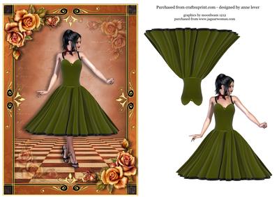 50's Lady in Moss Green Dress & Roses