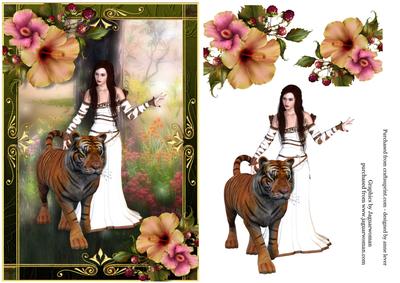 Beautiful Lady in White with Tiger & Flowers