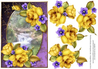 Yellow Summer Roses & Violets on a Golden Frame