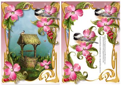 Art Nouveau Bird, Flowers & Wishing Well