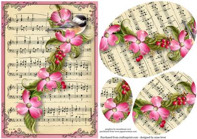 Vintage Sheet Music, Flowers & Bird Pyramid