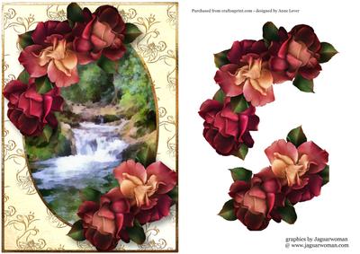 Beautiful Roses on a Gold Frame at the Waterfall