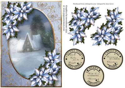 Snowy Christmas Cottage & Ice Blue Poinsettias