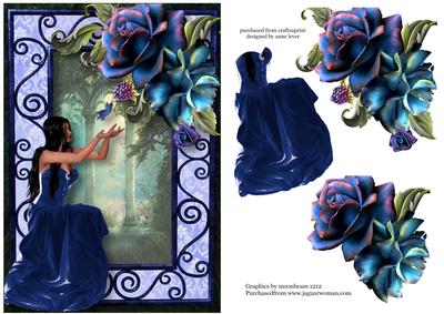 Beauty in Blue Dress with Beautiful Blue Roses