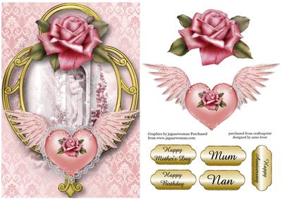 Hearts and Flowers - Winged Heart & Pink Rose