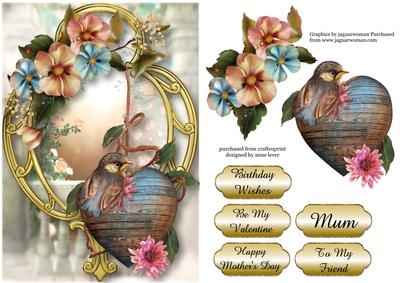Wooden Heart, Summer Flowers & Golden Frame