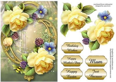 Yellow English Roses & Golden Frame