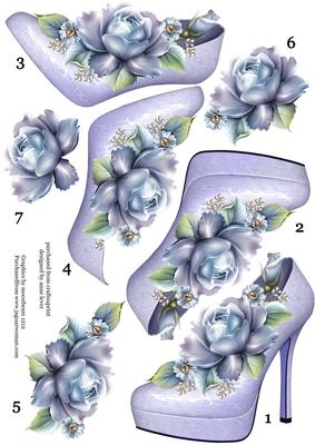 Stunning Shoe & Porcelain Roses 7 Step Decoupage Sheet