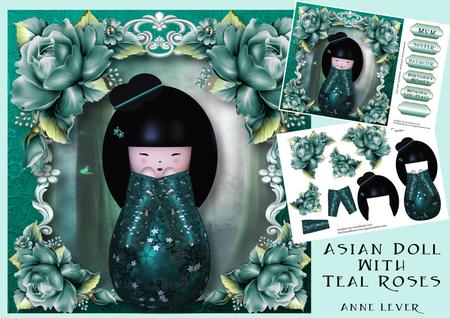 Asian Doll with Teal Roses