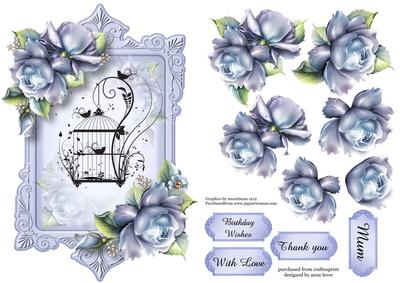 Beautiful Blue Roses & Birdcage, Shaped Topper