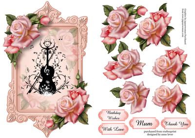 Pink Rose & Violin Flourish, Shaped Topper