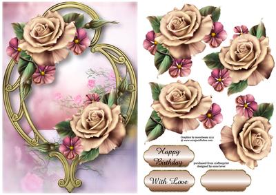 Champagne and Pink Roses & Golden Frame