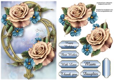 Champagne and Blue Roses & Golden Frame