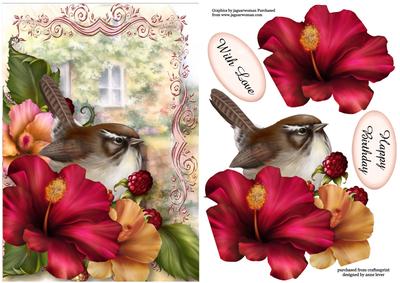 Hibiscus Flowers and Bird with Decoupage