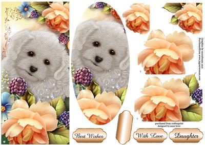 Adorable Puppy with Roses - Dl + Plaque + Decoupage