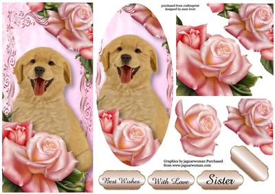 Cute Puppy & Pink Roses - Dl + Plaque + Decoupage