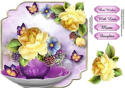 Teacup, Saucer & Yellow Roses - Shaped Topper