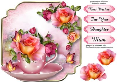 Teacup, Saucer & Peach Roses - Shaped Topper
