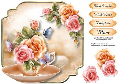 Teacup, Saucer & Rosy Glow Roses - Shaped Topper