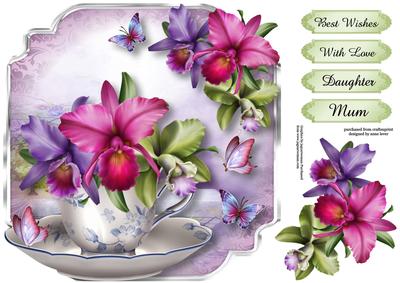 Teacup, Saucer & Orchids - Shaped Topper