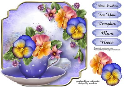 Teacup, Saucer & Pansies - Shaped Topper
