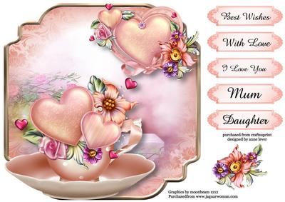 Teacup, Saucer, Hearts & Flowers - Shaped Topper