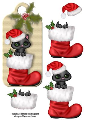 Dl Christmas Tag Topper - Santa Boot Kitty