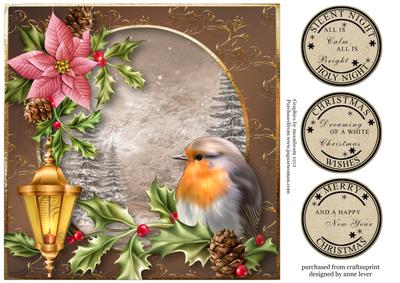 Pink Poinsettia & Robin Winter Scene