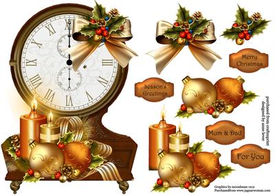 Vintage Clock Shaped Christmas Topper - Golden Candles
