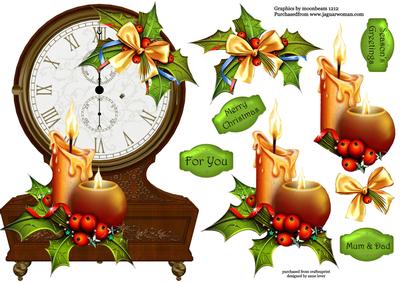 Vintage Clock Shaped Christmas Topper - Candles & Holly