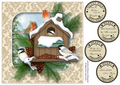 Christmas Birdhouse with Robins and Chickadees